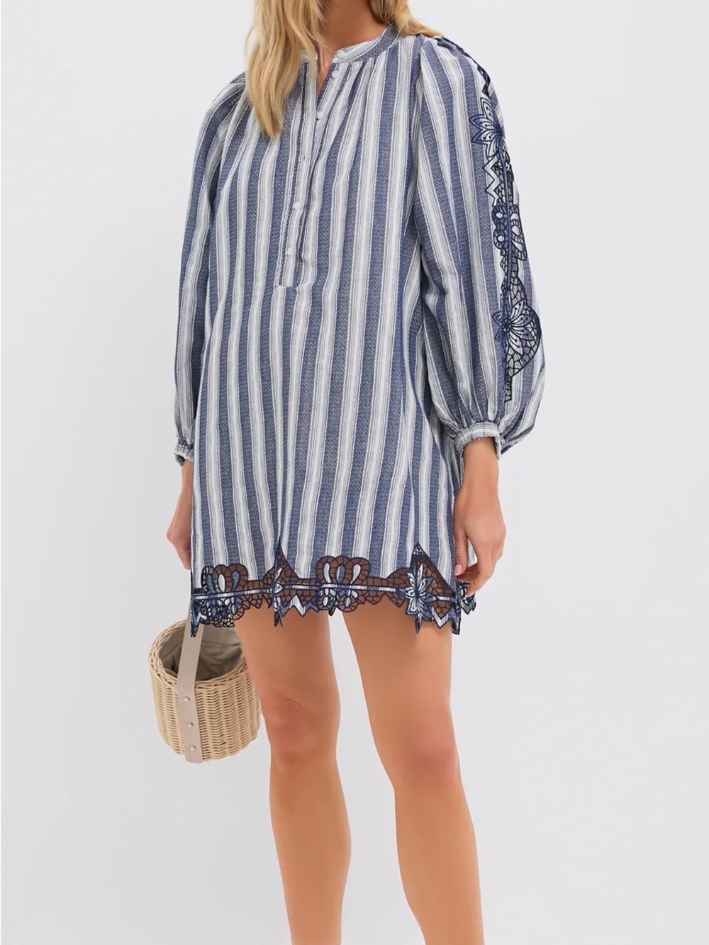 Tuckernuck Blue and White Embroidered Stripe Mini Dress